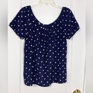 Old Navy CAT Print Puff Sleeve Bow Back Blouse Navy White Large